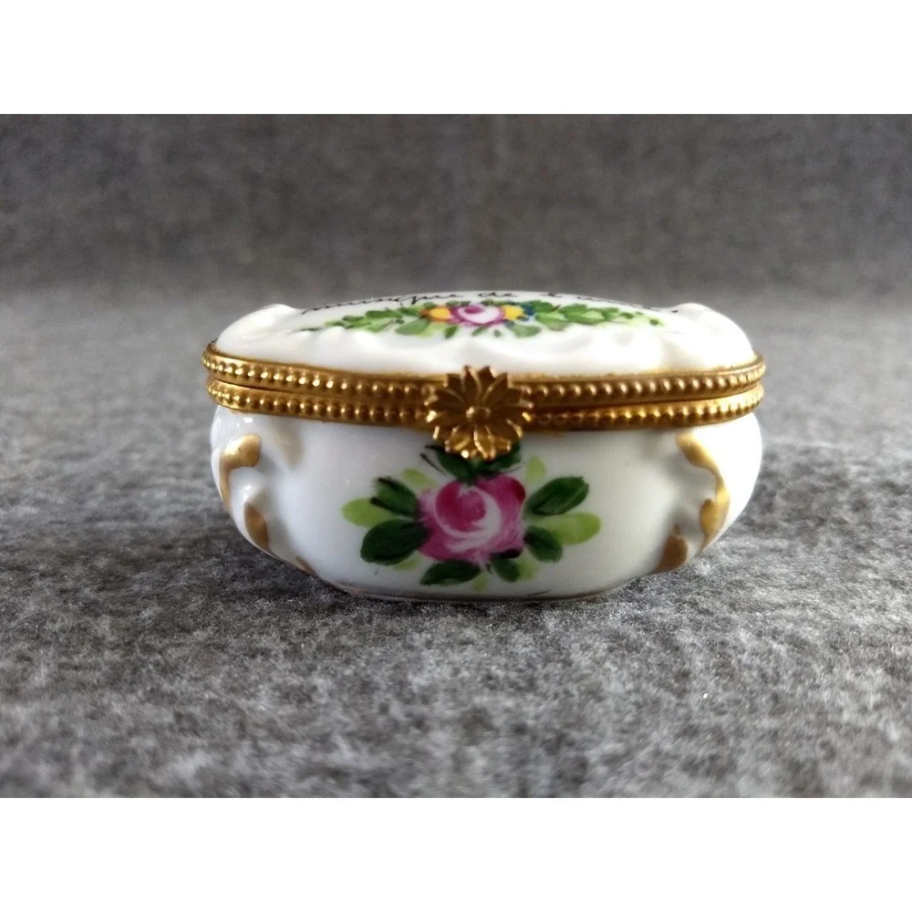 Hand Painted Floral Trinket Box Limoges?? Signed Quote on Top Made in France